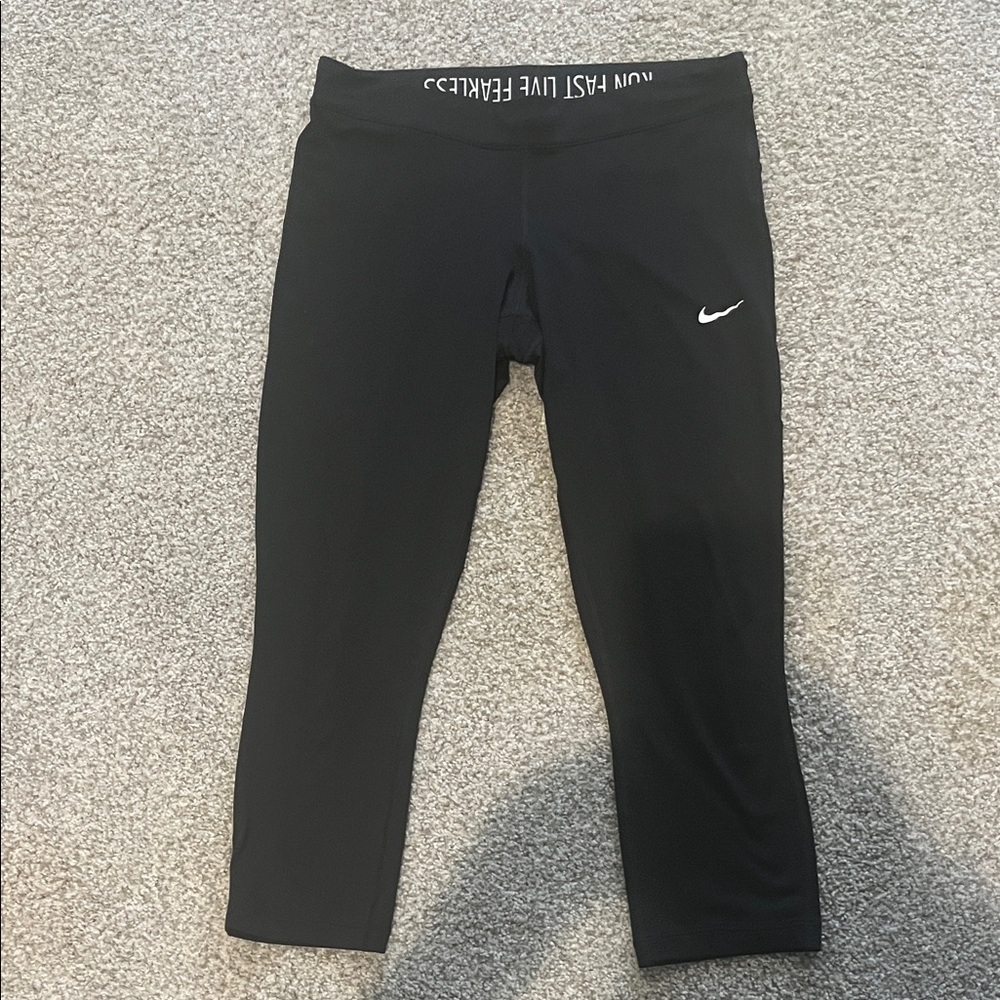Nike Dri-Fit Cropped Black Leggings with White Logo